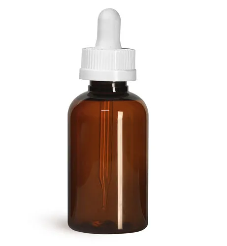 PET Plastic Bottles, 2 oz Amber Boston Round Bottles w/ White Child Resistant Caps