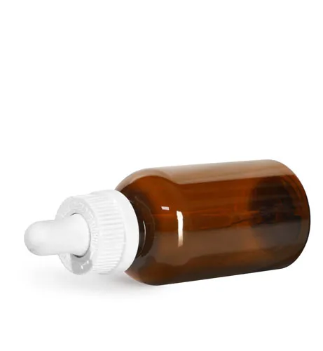 PET Plastic Bottles, 2 oz Amber Boston Round Bottles w/ White Child Resistant Caps