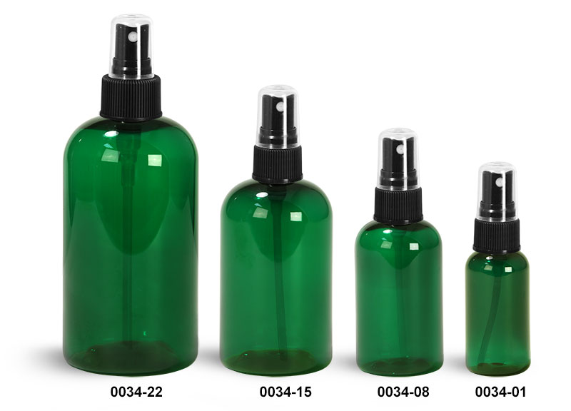 Plastic Bottles, Green PET Boston Round Bottles w/ Black Ribbed Fine Mist Sprayers