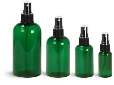 PET Green Boston Round Bottles w/ Black Ribbed Fine Mist Sprayers