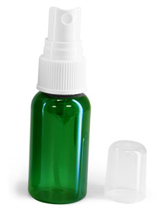 1 oz Green PET Boston Round Bottles w/ White Fine Mist Sprayers