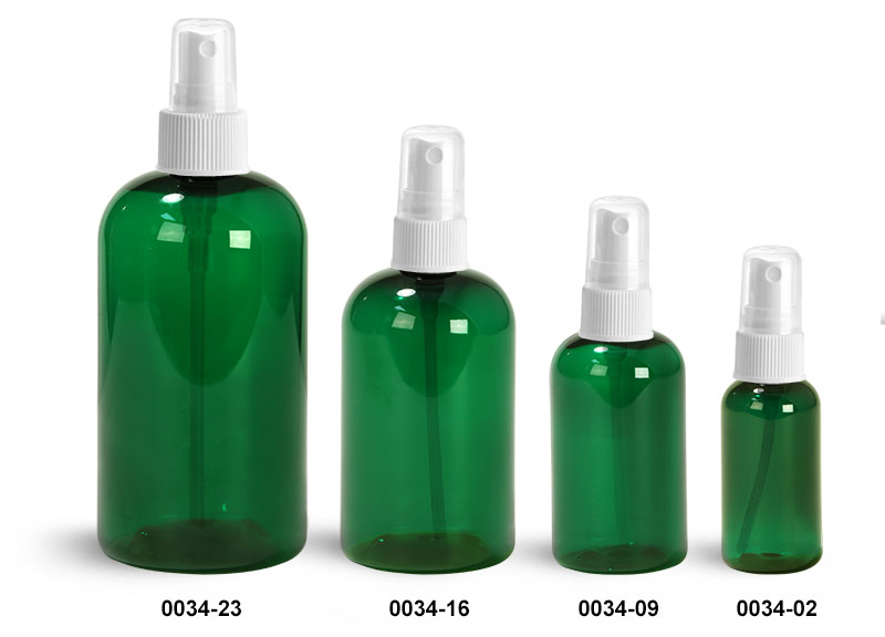 Plastic Bottles, Green PET Boston Round Bottles With White Fine Mist Sprayers