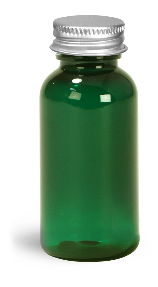 1 oz Green PET Round Bottles w/ Lined Aluminum Caps