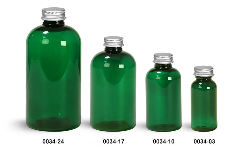 Plastic Bottles, Green PET Boston Rounds with Silver Caps