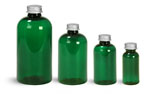 PET Plastic Bottles, Green Boston Round Bottles w/ Lined Aluminum Caps