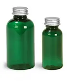 PET Plastic Bottles, Green Boston Round Bottles w/ Lined Aluminum Caps