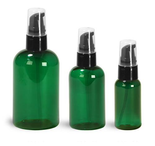 Green PET Boston Round Bottles w/ Black Treatment Pumps
