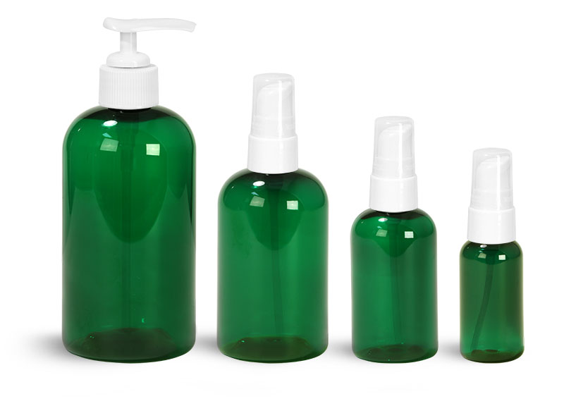 Green PET Boston Round Bottles With White Treatment Pumps
