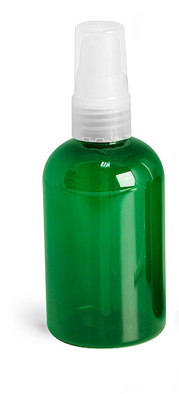 Green PET Boston Round Bottles w/ Natural Treatment Pumps