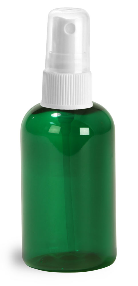 2 oz Green PET Boston Round Bottles w/ White Fine Mist Sprayers