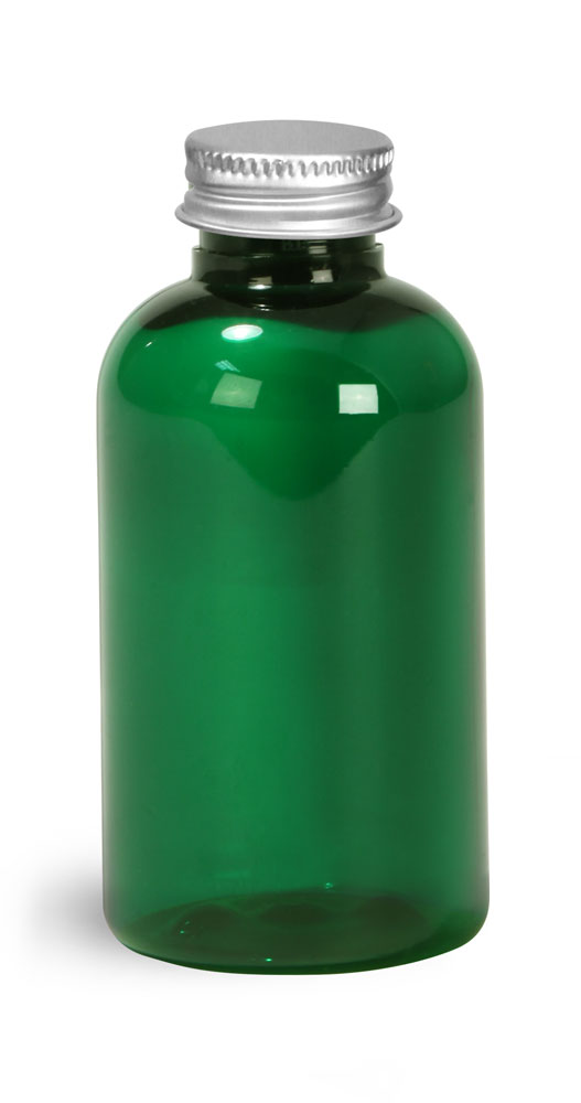 2 oz Green PET Round Bottles w/ Lined Aluminum Caps