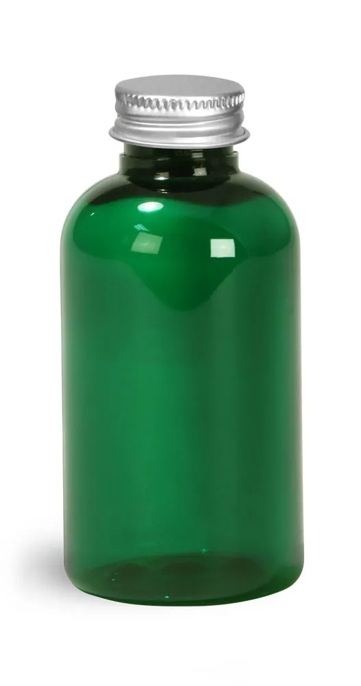 2 oz Green PET Round Bottles w/ Lined Aluminum Caps