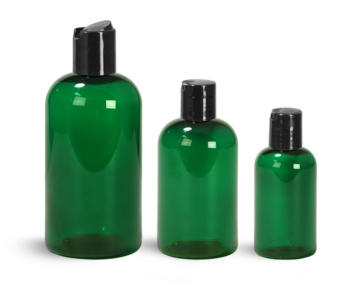 Green PET Boston Round Bottles w/ Black Disc Top Caps