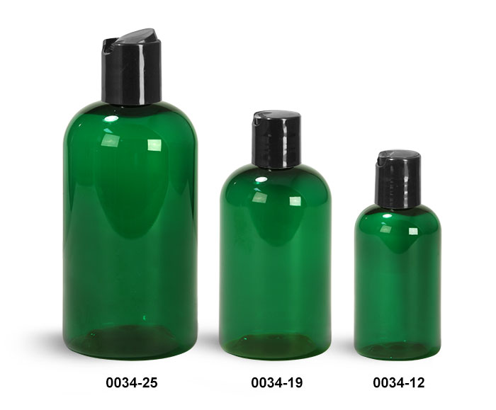 Plastic Bottles, Green PET Boston Rounds with Black Disc Top Caps
