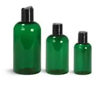 Green PET Boston Round Bottles w/ Black Disc Top Caps
