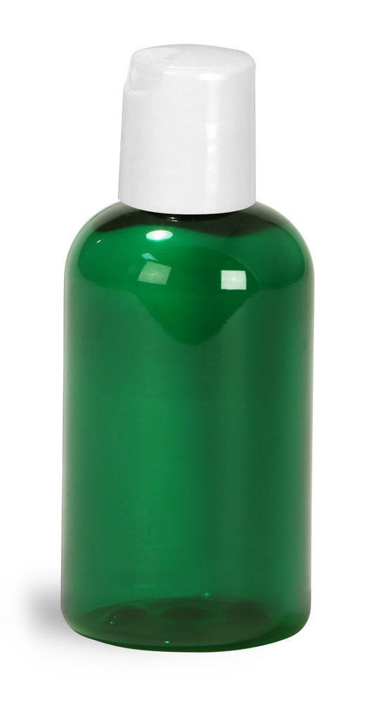 2 oz Green PET Boston Round Bottles w/ White Disc Top Caps