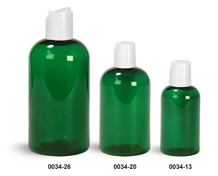 Plastic Bottles, Green PET Boston Round Bottles With White Disc Top Caps