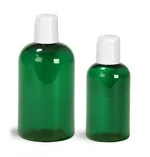 PET Plastic Bottles, Green Boston Round Bottles w/ White Disc Top Caps