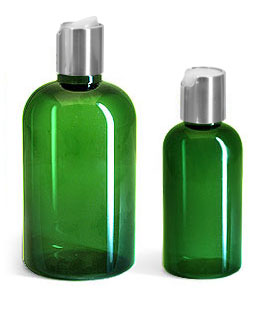 Green PET Boston Round Bottles w/ Silver Disc Top Caps