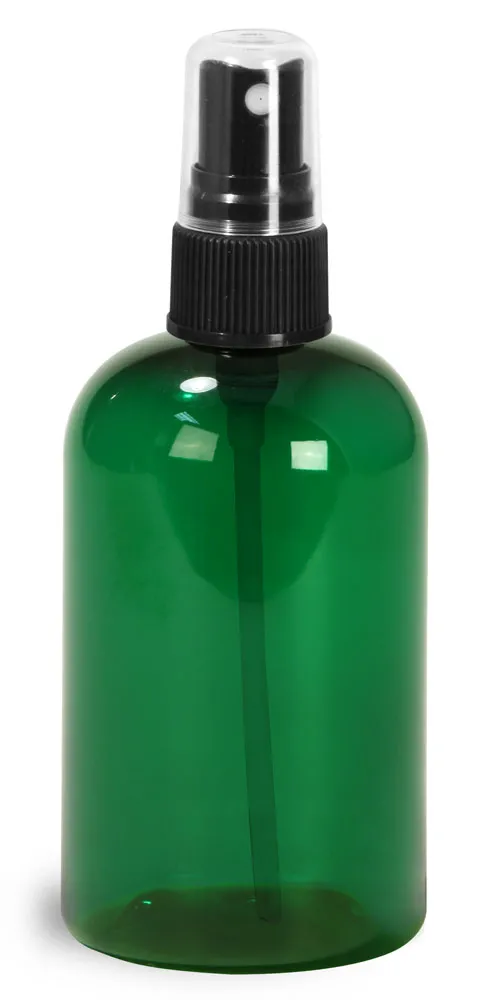4 oz Green PET Boston Round Bottles w/ Black Fine Mist Sprayers