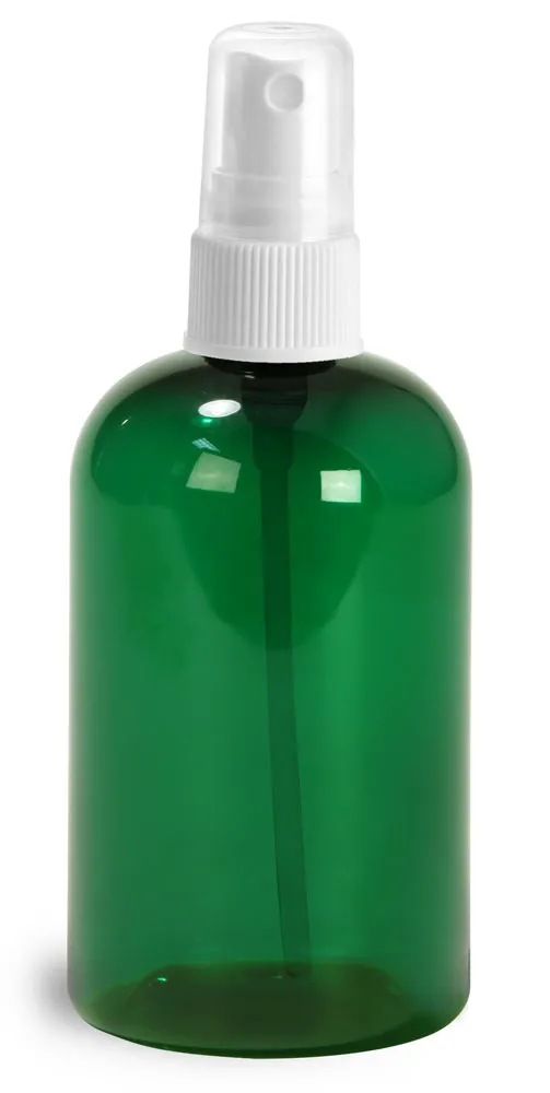 4 oz Green PET Boston Round Bottles w/ White Fine Mist Sprayers