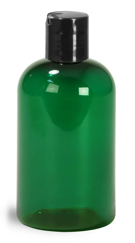 4 oz Green PET Boston Round Bottles w/ Black Disc Top Caps
