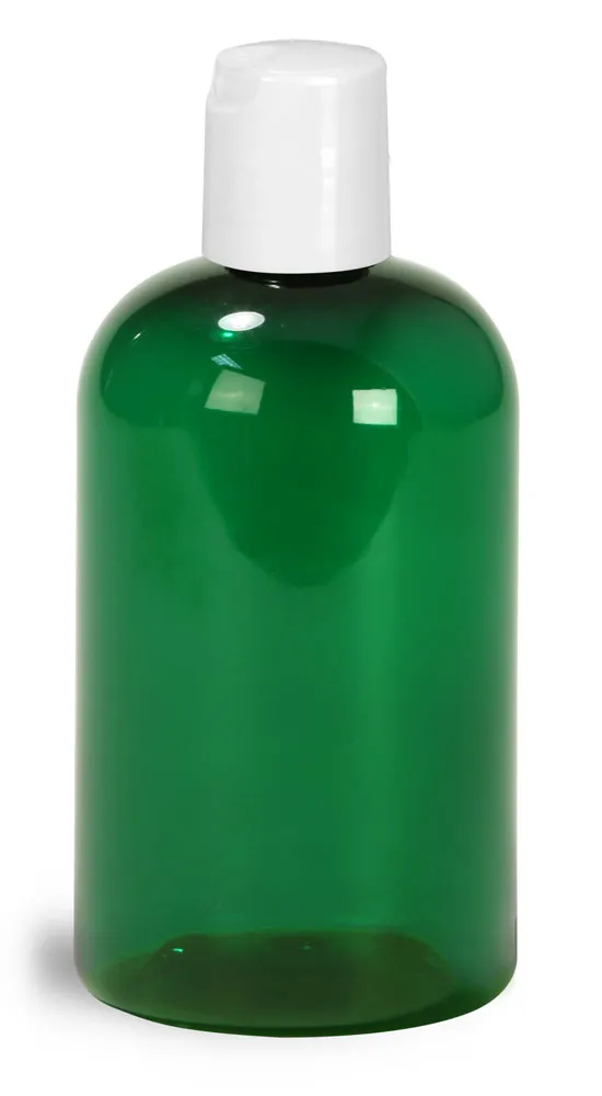 4 oz Green PET Boston Round Bottles w/ White Disc Top Caps