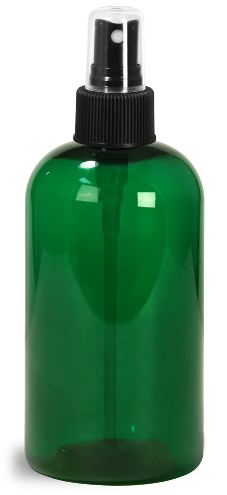 8 oz Green PET Boston Round Bottles w/ Black Fine Mist Sprayers