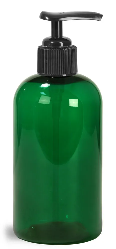 8 oz Green PET Boston Round Bottles w/ Black Pumps
