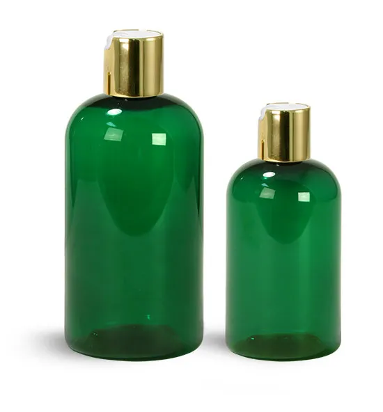 PET Plastic Bottles, Green Boston Round Bottles w/ Gold Disc Top Caps