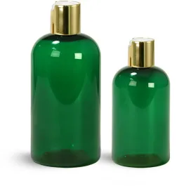 PET Green Boston Round Bottles w/ Gold Disc Top Caps