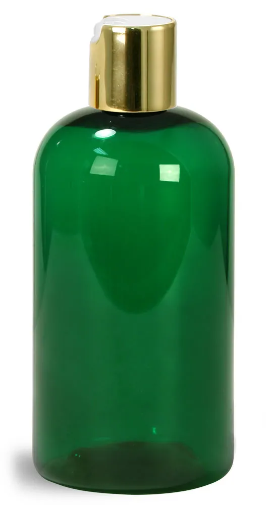 8 oz Green PET Boston Round Bottles w/ Gold Disc Top Caps
