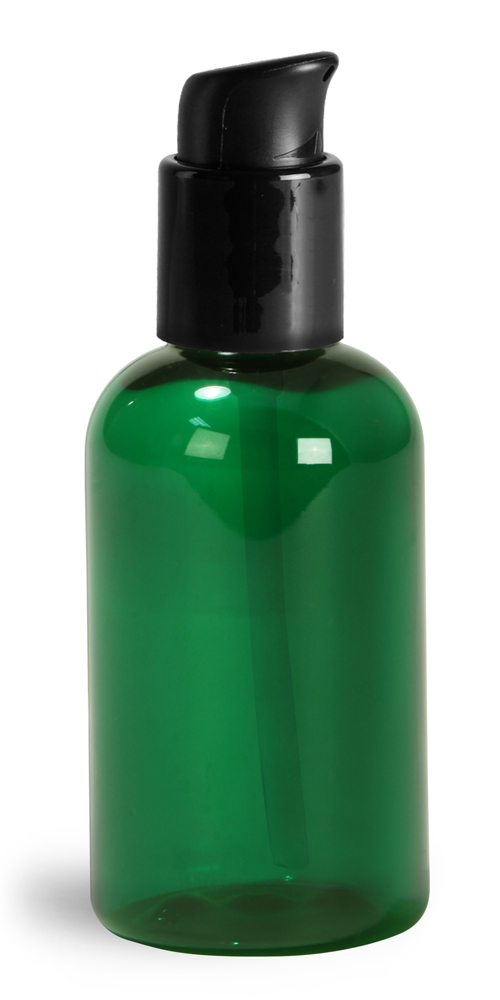2 oz Green PET Boston Round Bottles w/ Black Treatment Pumps