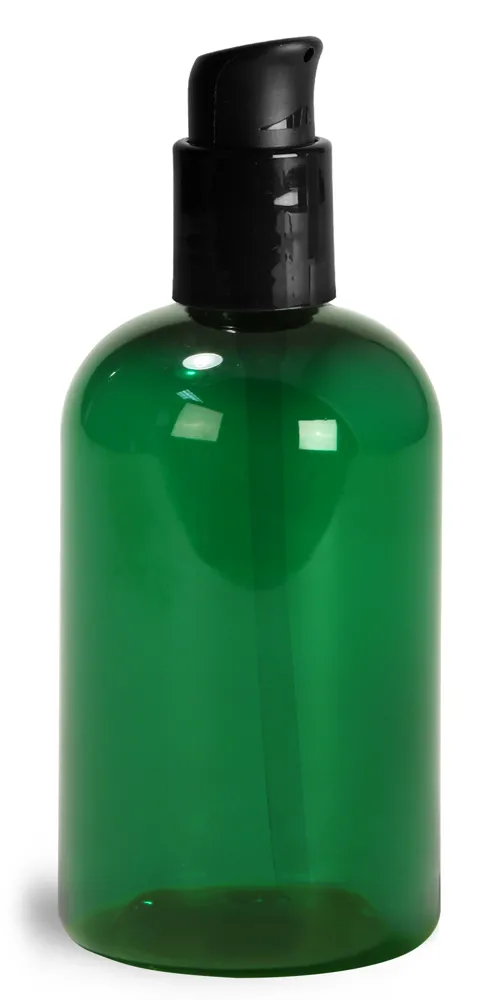 4 oz  Green PET Boston Round Bottles w/ Black Treatment Pumps