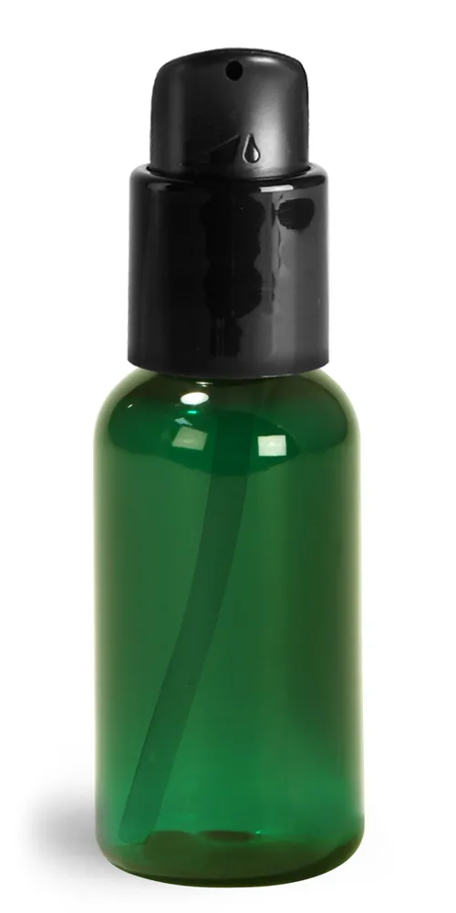 1 oz Green PET Boston Round Bottles w/ Black Treatment Pumps