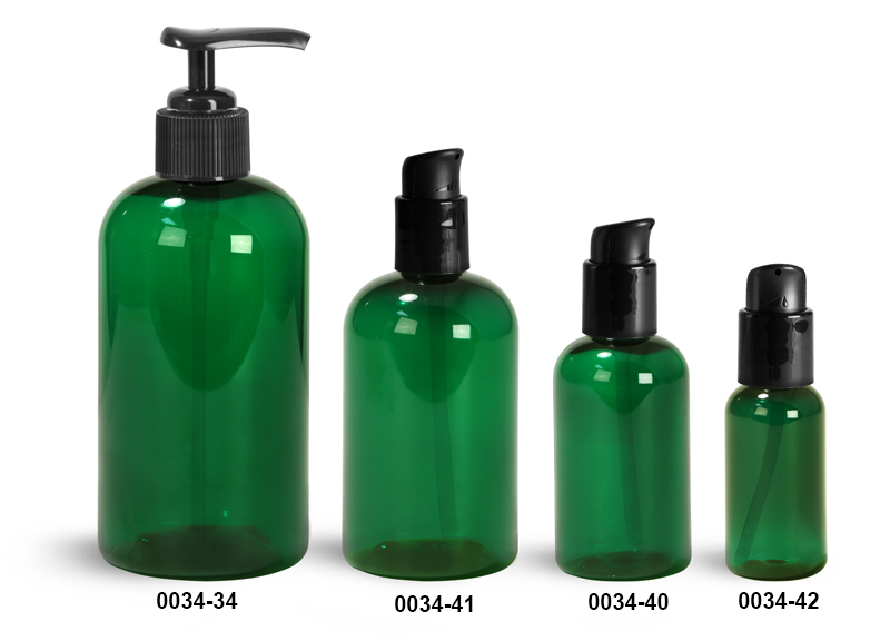 Plastic Bottles, Green PET Boston Round Bottles With Black Lotion Pumps & Treatment Pumps