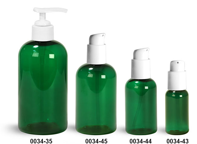 Plastic Bottles, Green PET Boston Round Bottles With White Lotion Pumps & Treatment Pumps