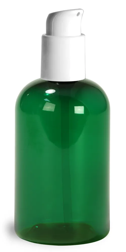 4 oz  Green PET Boston Round Bottles w/ White Treatment Pumps