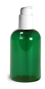 PET Plastic Bottles, Green Boston Round Bottles w/ White Pumps & Treatment Pumps