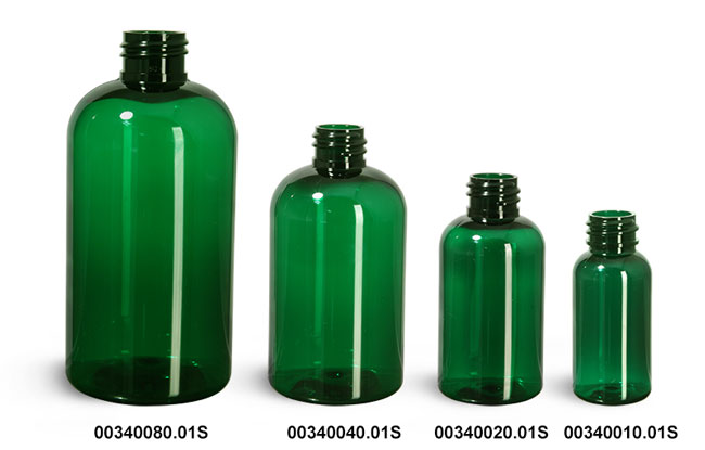 Green PET Boston Round Bottles (Bulk), Caps Not Included