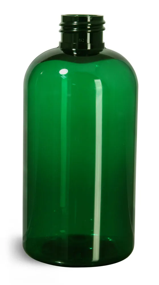 8 oz Green PET Boston Round Bottles (Bulk), Caps Not Included
