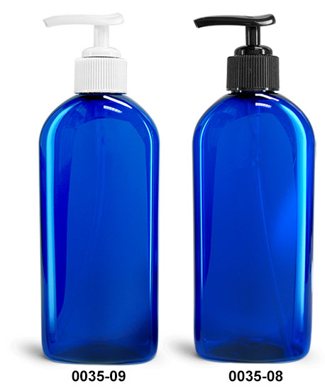 Plastic Bottles, Blue PET Dundee Oval Bottles With Lotion Pumps