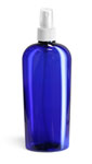 Plastic Bottles, Blue PET Dundee Oval Bottles w/ White Fine Mist Sprayers