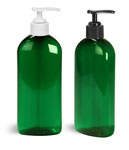 PET Plastic Bottles, Green Dundee Oval Bottles w/ Lotion Pumps
