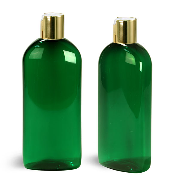 Plastic Bottles, Green PET Dundee Oval Bottles With Gold Disc Top Caps
