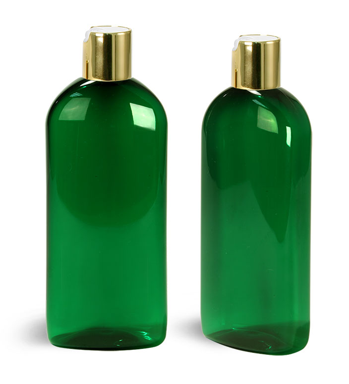 Plastic Bottles, Green PET Dundee Oval Bottles With Gold Disc Top Caps