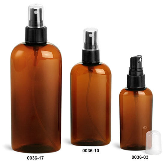 Plastic Bottles, Amber PET Cosmo Ovals w/ Black Ribbed Fine Mist Sprayers