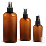 Plastic Bottles, Amber PET Cosmo Oval Bottles w/ Black Ribbed Fine Mist Sprayers