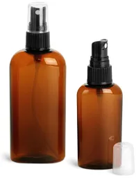 Amber PET Cosmo Oval Bottles w/ Black Ribbed Fine Mist Sprayers