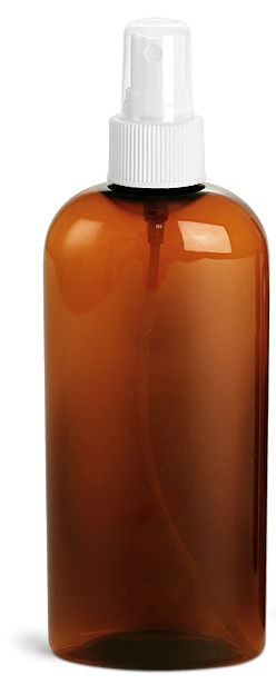 Amber PET Cosmo Oval Bottles w/ White Fine Mist Sprayers
